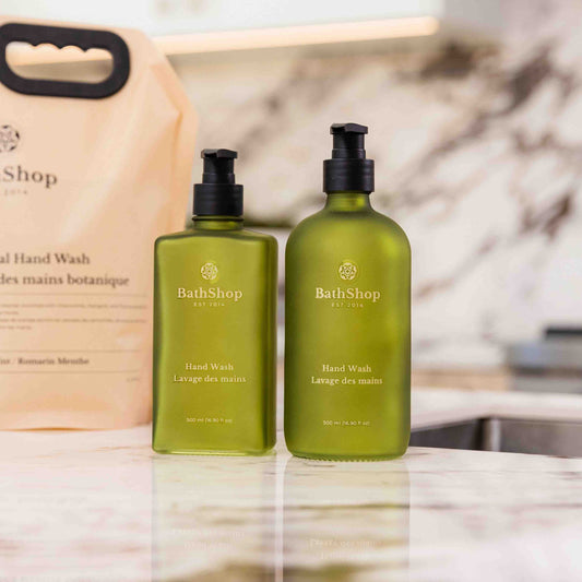 Botanical Hand Wash by The Bath Shop in glass bottle. Made in Canada